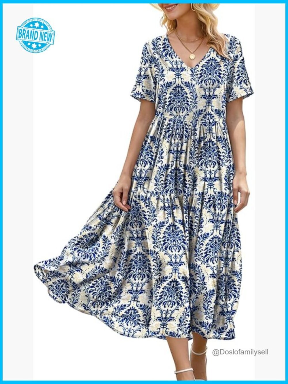 Women's Floral Maxi Dress V-Neck Short Sleeve Boho Summer Swing Dress with